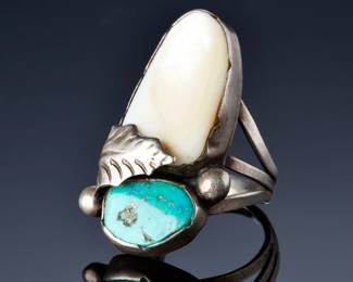 Vintage NAVaJO L PLATERO Silver Turquoise MOP Ring Native American SZ 7.5