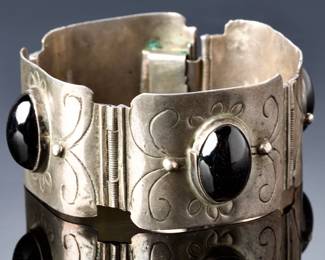 Vintage Mexican Sterling Silver & Onyx Hinged Panel Bracelet, 7in, 55.43g