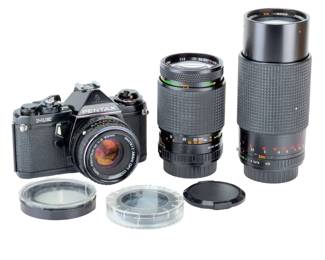 Pentax ME 35mm SLR Film Camera Body w/ 3 Lenses: 50mm, 80-200mm, 135mm