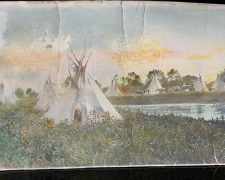 Antique Hand-Colored Photo: Elsa Edwards Crow Indian Camp, Little Bighorn River, 1915 Sunset