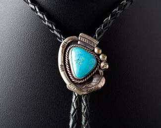 Vintage Navajo Silver & Turquoise Bolo Tie, Unsigned
