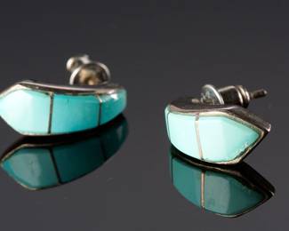 Vintage Sterling Silver Inlaid Turquoise Crescent Post Earrings