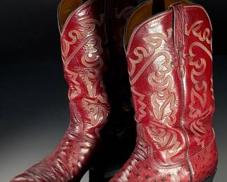 Premium Lucchese Full Quill Ostrich Cowboy Boots, Burgundy, Men's 9.5D