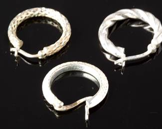 Lot of 3 Mismatched Sterling Silver Hoop & C-Hoop Earrings - Twisted & Textured