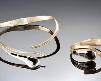 Mexican Modern TL105 Taxco 950 Sterling Silver Hinged Necklace Bracelet Set