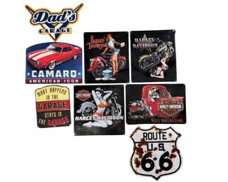 Lot of. 8Embossed Metal Garage Signs: Harley-Davidson, Camaro, Route 66