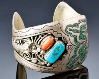Vintage Navajo Sterling Silver Peyote Bird Turquoise Coral Chip Inlay Cuff