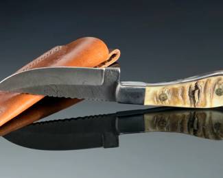 Wild Turkey Handmade Damascus Hunter Knife Stag Handle w/ Serrated Spine & Sheath