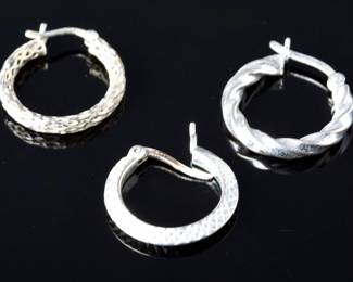 Lot of 3 Mismatched Sterling Silver Hoop & C-Hoop Earrings - Twisted & Textured