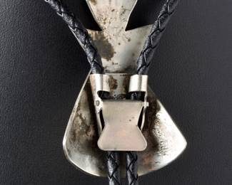 Vintage Native American Turquoise Coral Chip Inlay TeePee Bolo Tie