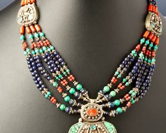 Vintage Handmade Multistone Beaded Statement Necklace | Ethnic Tribal Style