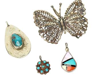 Lot of 4 Vintage Southwest Pendants: Sterling Silver, Turquoise, Inlay, Filigree