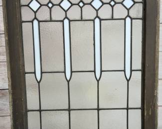 Antique Leaded & Textured Glass Panel Window Insert, Geometric Design, 29x22in