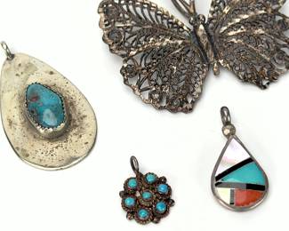 Lot of 4 Vintage Southwest Pendants: Sterling Silver, Turquoise, Inlay, Filigree