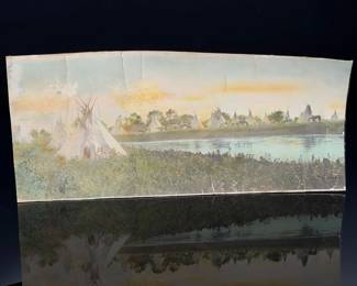 Antique Hand-Colored Photo: Elsa Edwards Crow Indian Camp, Little Bighorn River, 1915 Sunset