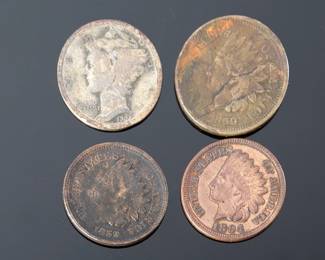 Antique US Coins: 1859 & 1894 Indian. HeadCents, 1927 Mercury Dime Lot of 3