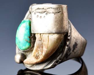 Vintage Native American Turquoise Bear Claw Sterling Silver Ring, Size 13