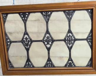 Antique Leaded Glass Panel w/ Cast Iron Grille in Wood Frame, 29.5x21in