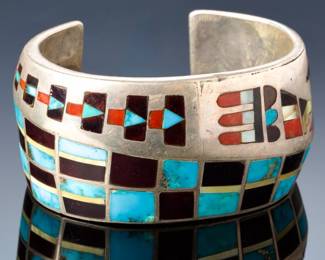 Heavy Zuni Multistone Inlay Sterling Silver Cuff BRACELET Signed MD
