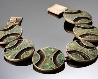 Vintage Mexican Silver & Stone Inlay Bracelet - FCS Plata 925 Modernist