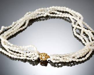 Elegant 5-Strand Freshwater Pearl Necklace with Ornate Gold-Tone Clasp, 18in