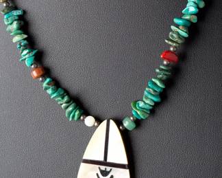 Southwestern Native American Turquoise Inlay Necklace, MOP Pendant