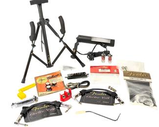 Guitar & Amp Parts Lot: Fender Stand, Gibson Knobs, Cables, Pickup, Bridge, Tube