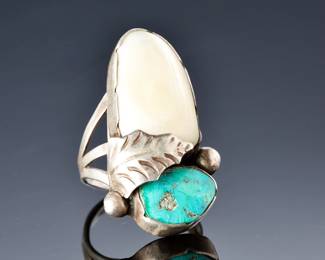Vintage NAVAJO L PLATERO Silver Turquoise MOP Ring Native American SZ 7.5