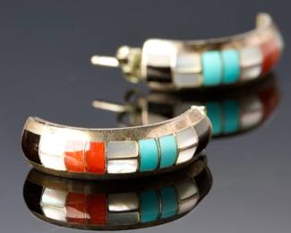 Vintage Native American Sterling Silver Multi Stone Channel Inlay Earrings GT