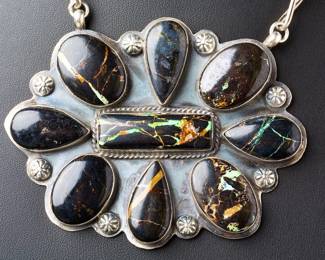 Navajo Boyd J. Ashley Sterling Silver Black Web Turquoise Necklace 146.05g