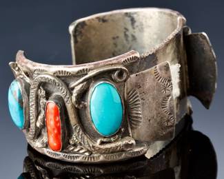 Vintage Navajo Sterling Silver Turquoise Coral Watch Cuff Bracelet 108g