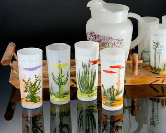 Vintage Blakely Oil Arizona Cacti Complete 8-Glass Set, Pitcher, Tray, Coasters