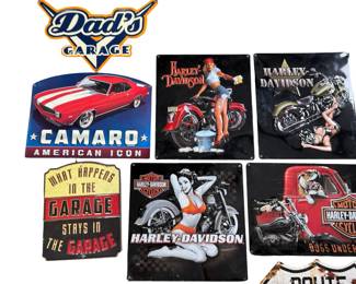Lot of 8 Embossed Metal Garage Signs: Harley-Davidson, Camaro, Route 66
