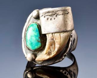 Vintage Native American Turquoise Bear Claw Sterling silver Ring, Size 13