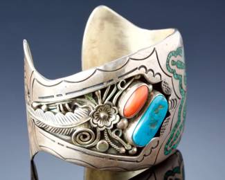 Vintage Navajo Sterling Silver Peyote Bird Turquoise Coral Chip Inlay Cuff