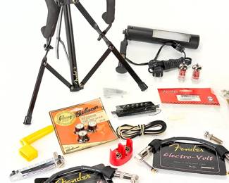 Guitar & Amp Parts Lot: Fender Stand, Gibson Knobs, Cables, Pickup, Bridge, Tube