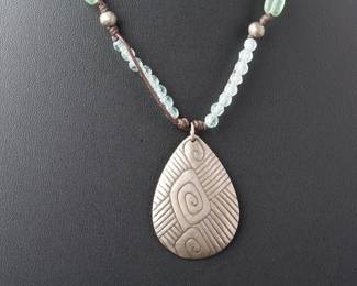 Studio Artist Reversible Teardrop Pendant Beaded Necklace | Folk Art Style