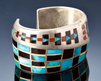 Heavy Zuni Multistone Inlay Sterling Silver Cuff Bracelet Signed MD