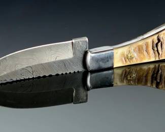 Wild Turkey Handmade Damascus Hunter Knife Stag Handle w/ Serrated Spine & Sheath