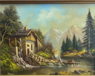 Signed Moser Original Oil Painting, Alpine Water. MillLandscape, Framed Art
