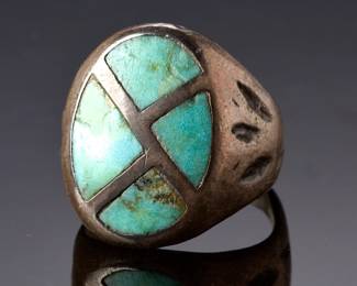 Vintage Native American Turquoise Inlay Ring, Handmade Sterling Silver, Size 7.25