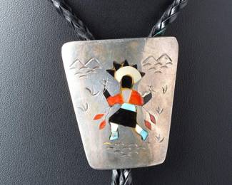 Vintage Zuni Multi Stone Inlay Kachina Dancer Native American Bolo Tie Sterling