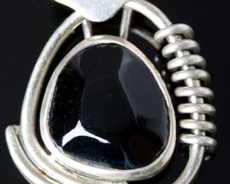 Bold Sterling Silver Modernist Abstract Pendant with Black Stone - Signed 925