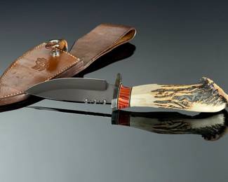 Dean Kell Custom Carved Bear Stag Handle Fixed Blade Hunting Knife w/ Sheath