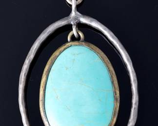 Vintage Handmade Turquoise & Silver-Tone Pendant - Unsigned Artisan Jewelry