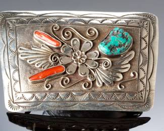 Vintage Navajo Sterling Silver Turquoise Coral Signed DO Belt Buckle