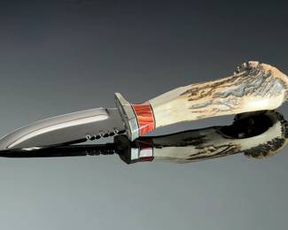 Dean Kell Custom Carved Bear Stag Handle Fixed Blade Hunting Knife w/ Sheath