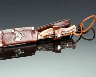 Custom Handmade Knife w/ Antler Handle & AJ Harrover Leather Sheath