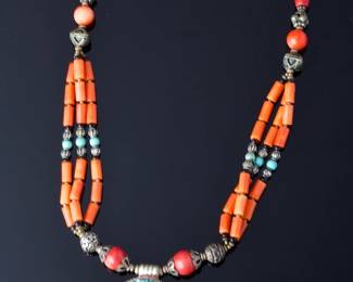 Vintage Handmade Coral Turquoise Beaded Necklace Ethnic Tribal Style 18" 47.47g