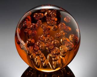 Large Heavy Amber Glass Controlled Bubble Orb Sculpture Paperweight